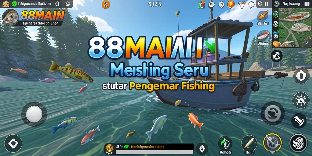 Tampilan gameplay <strong>88MAIN</strong> saat memancing di danau yang tenang.