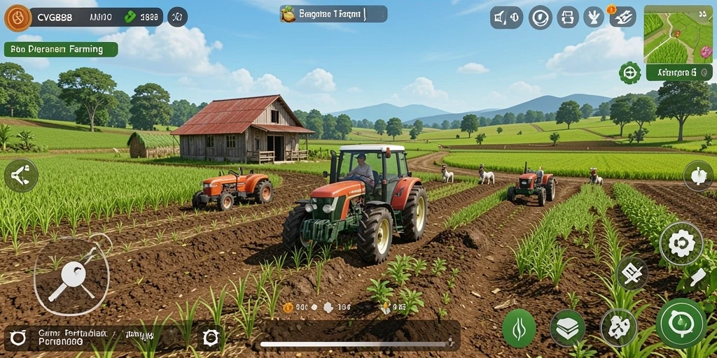 Screenshot gameplay <strong>CVG8888</strong> menampilkan ladang yang subur dan beragam tanaman.