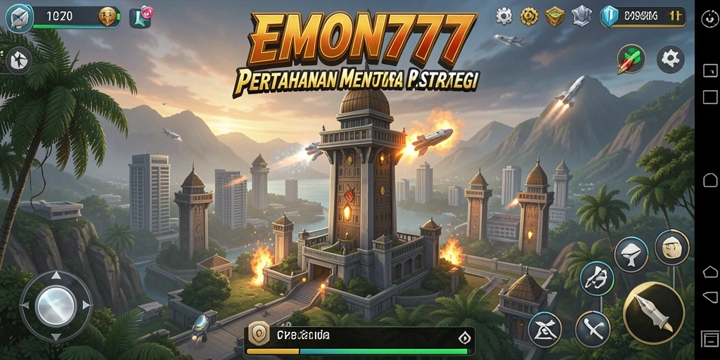 Tampilan gameplay EMON777 dengan menara dan aksi musuh.