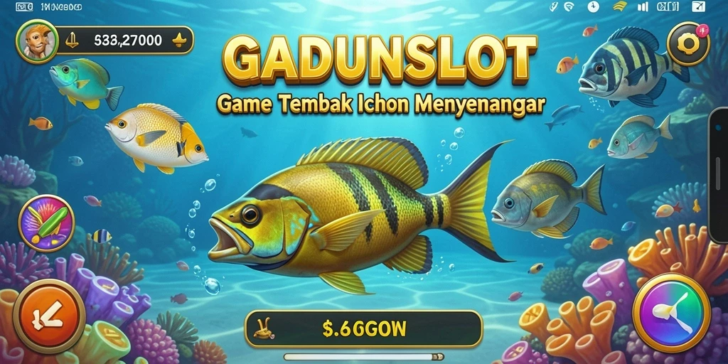 Gameplay seru GADUNSLOT saat menembak ikan di laut yang penuh warna.