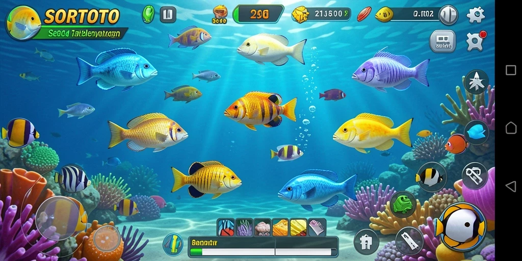 Screenshot utama SORTOTO menampilkan gameplay seru saat menangkap ikan.